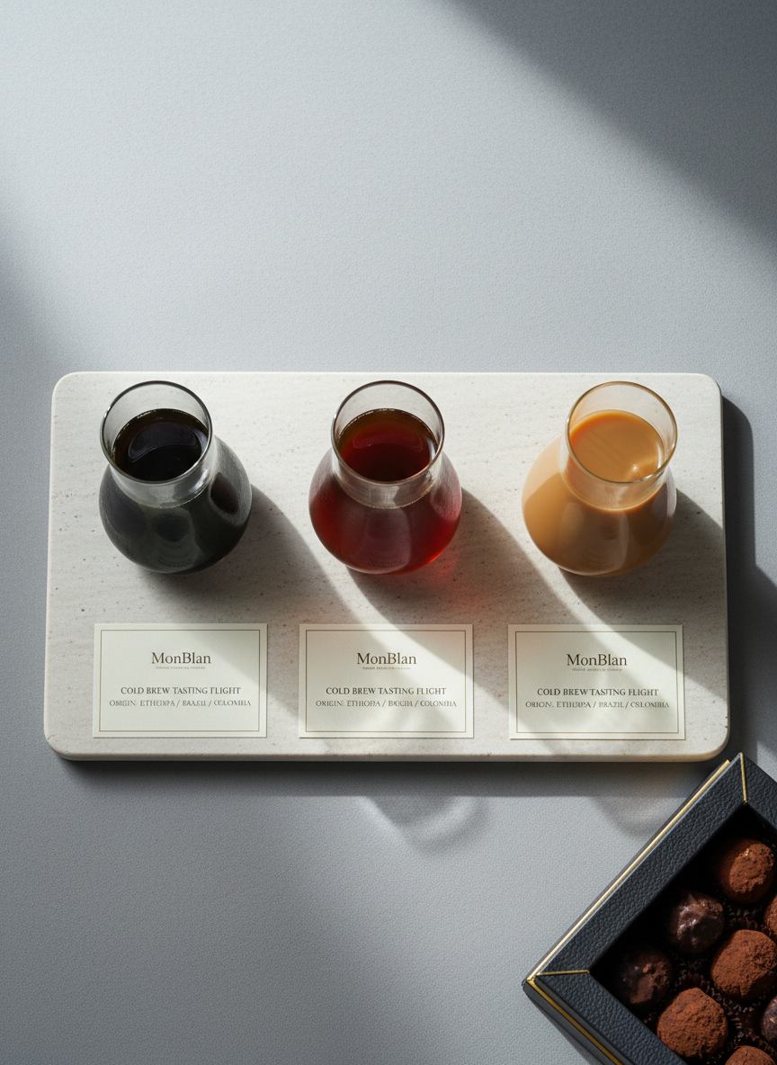 An overhead photographic composition of a tasting setup featuring three narrow glass carafes of cold brew arranged in a precise line on a long, pale stone slab. Each carafe contains a slightly different shade of cold brew, from deep ebony to rich chestnut, showcasing nuanced roasting profiles. Beneath each vessel lies a small, cream-colored tasting card with understated MonBlan branding and elegant serif text. The surrounding environment is minimal, with a soft, neutral background and a hint of a dark confectionery truffle box at the edge of the frame. Diffused, cool daylight from above eliminates harsh shadows, creating a serene, controlled atmosphere. Sharp focus throughout emphasizes order and sophistication, reflecting a meticulous, tasting-driven distribution approach.
