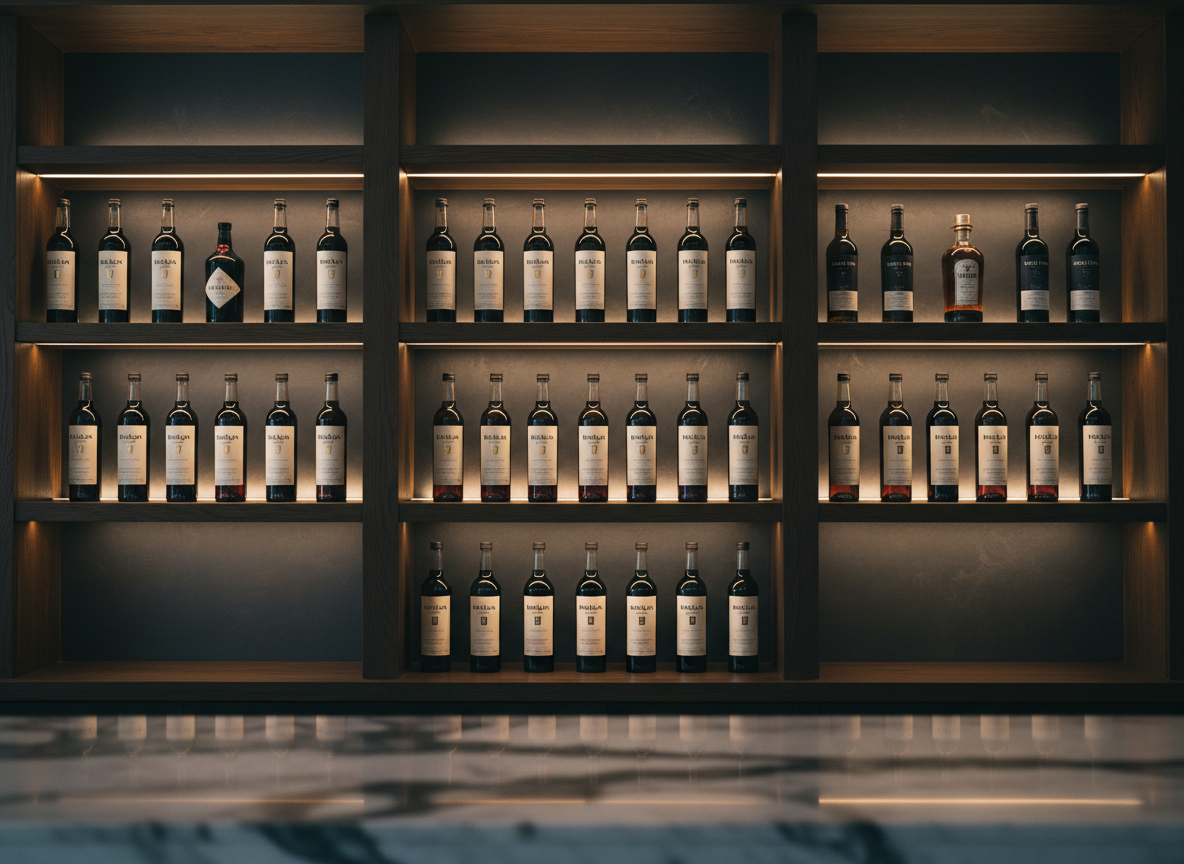 A polished bar-back scene featuring rows of MonBlan cold brew bottles and premium mixers arranged with geometric precision on dark oak shelves, the wood finished in a matte, espresso tone. Each shelf is underlit with subtle, warm LED strips that create a soft halo beneath the bottles, making the deep coffee colors and refined labels stand out. The foreground features the blurred silhouette of a marble bar ledge, adding depth without introducing human presence. Photographed in realistic style from a straight-on, mid-distance angle, the image has sharp focus on the central shelves while the outer edges fall softly out of focus. The atmosphere is exclusive, quiet, and curated, expressing the brand’s sophisticated distribution network and premium positioning.