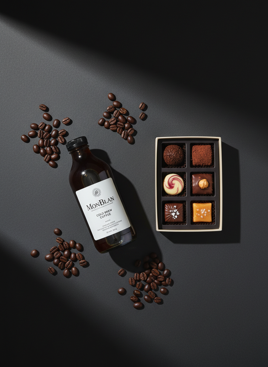A refined product flat lay on a deep charcoal backdrop, featuring a single MonBlan cold brew bottle placed diagonally, accompanied by carefully scattered coffee beans with a rich, oily sheen and a small, open presentation box of artisanal chocolates. Each element is precisely spaced, creating a sense of balance and visual rhythm. A narrow beam of soft, directional light from the top left creates gentle gradients and elongated shadows, making the glass, beans, and chocolate surfaces appear tactile and three-dimensional. The camera looks straight down, with crisp focus across the frame. The overall aesthetic is photographic realism with a minimalist, editorial mood, ideal for a premium catalogue or homepage hero image.
