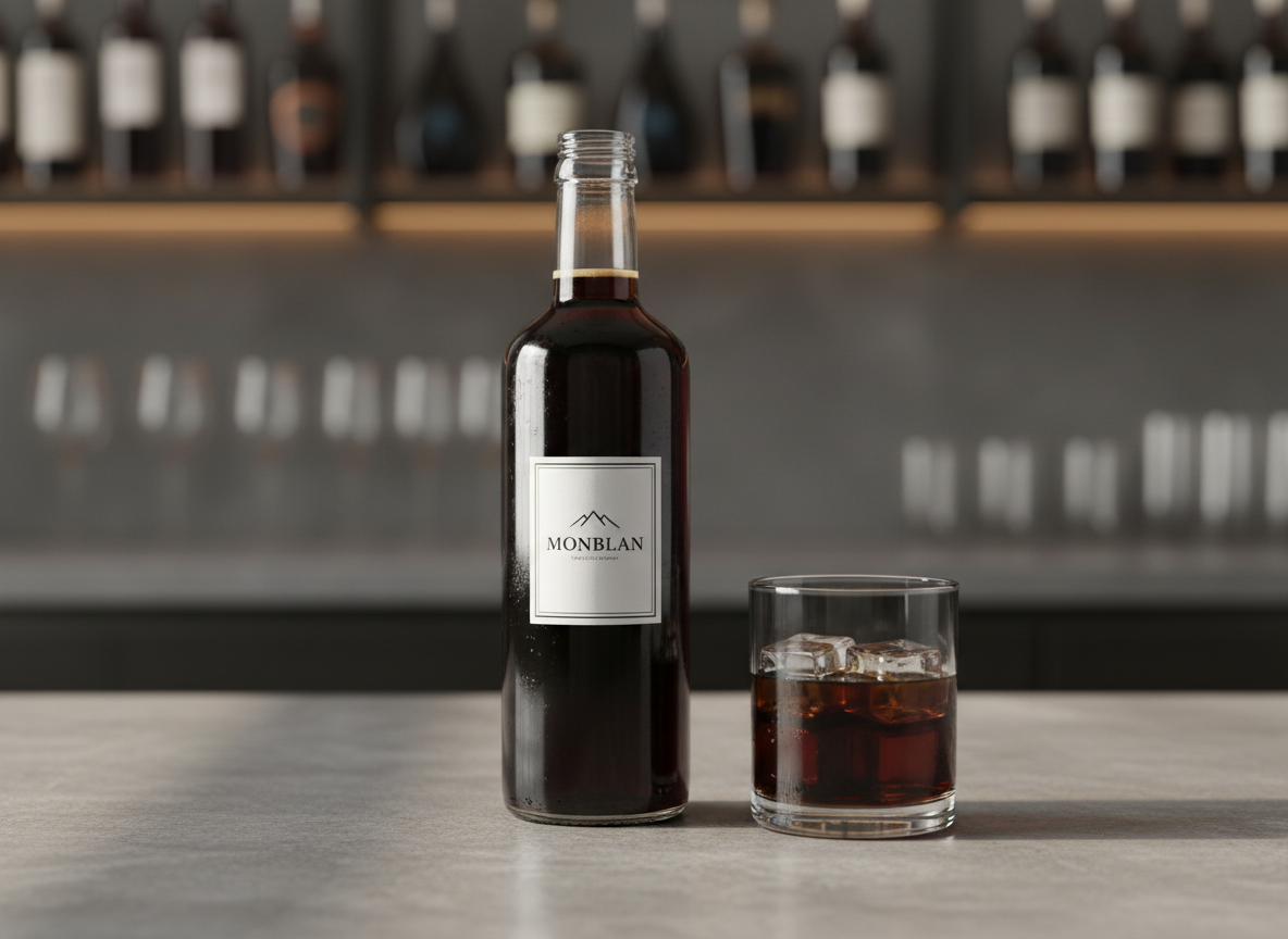 A tall, elegant glass bottle of premium cold brew coffee with a deep, inky mahogany hue, subtle condensation droplets beading on the smooth surface, and a minimalist black-and-white MonBlan label with refined typography. The bottle stands centered on a cool, light gray stone countertop, alongside a short crystal tumbler filled with cold brew over large, clear ice cubes. Soft natural daylight from the side creates controlled highlights on the glass and gentle shadows on the stone, emphasizing clarity and craftsmanship. The background is softly blurred, featuring muted tones of a sophisticated bar shelf. Photographic realism, eye-level composition with shallow depth of field, clean and modern mood, conveying luxury, precision, and premium distribution quality.