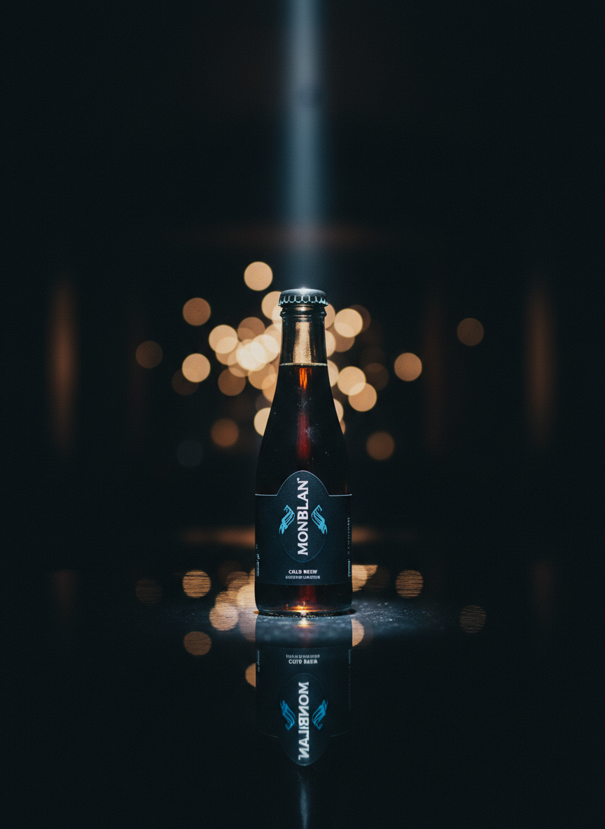 A night-inspired, cinematic still life of a single MonBlan cold brew bottle placed on a glossy black surface, its reflection subtly visible beneath. The bottle’s label is illuminated by a narrow, controlled beam of cool white light, while the rest of the scene fades into velvety darkness. Behind it, out of focus, a series of faint, warm bokeh orbs suggest distant bar lighting without showing any people. Photographed at a slightly low, centered angle, the composition emphasizes vertical lines and the bottle’s elegant silhouette. The mood is dramatic, mysterious, and ultra-premium, rendered in high photographic realism to highlight MonBlan’s sophisticated brand persona and the exclusivity of its cold brew offering.