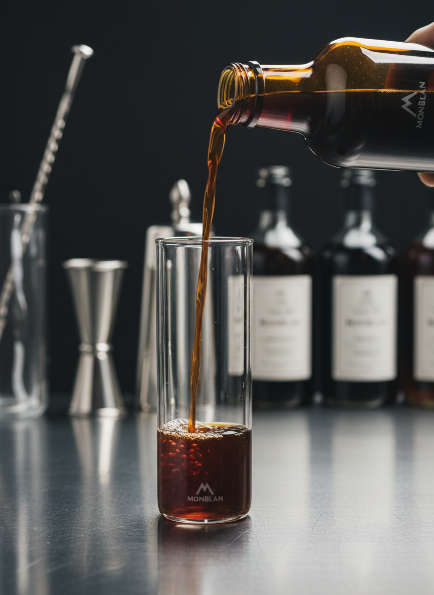 A detailed macro photograph of a cold brew coffee concentrate being poured from a dark amber MonBlan glass bottle into a slim, clear mixing flask. The liquid forms a smooth, continuous stream, creating delicate ripples and micro-bubbles as it meets the surface. The flask stands on a brushed stainless-steel counter, lightly reflecting the forms above. In the softly blurred background, sleek, laboratory-style bar tools and an elegant bottle lineup hint at professional crafting and distribution. Cool, focused studio lighting highlights the translucency of the coffee and the precision of the pour, with a shallow depth of field isolating the central action. The mood is technical yet luxurious, accentuating MonBlan’s exacting standards in beverage quality.