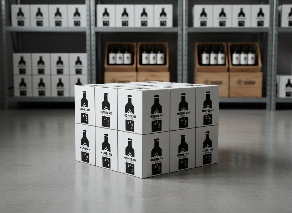 A minimalist warehouse-style setting showcasing a neat stack of monochrome MonBlan cold brew shipping cartons on a smooth, polished concrete floor. Each box displays a crisp, refined logo and product illustration in black on matte white cardboard, edges perfectly aligned to form a clean, geometric block. In the background, slightly out of focus, a row of industrial metal shelving holds additional cartons and a few exposed cases of elegantly designed bottles. Cool, diffused daylight filters in from high, unseen windows, creating soft shadows and a subtle sheen on the floor. Captured in photographic realism from a slightly low, three-quarter angle, the composition feels orderly and premium, emphasizing MonBlan’s role as an official, well-organized distributor.