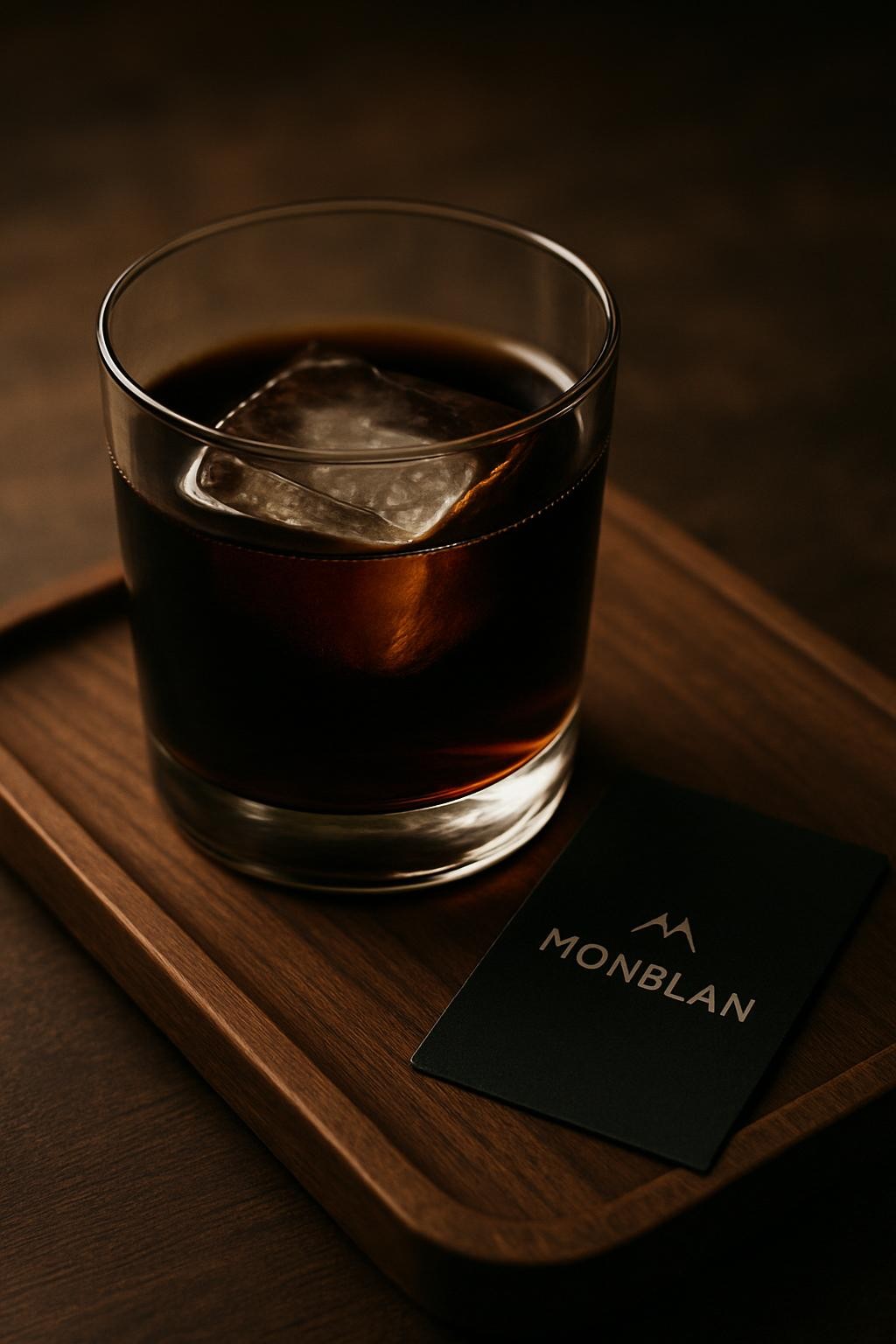 A close-up, photographic still life of a crystal-clear tumbler filled with MonBlan cold brew, the liquid almost black with subtle amber highlights along the rim, poured over a single oversized, perfectly transparent ice cube. The glass rests on a dark walnut wooden tray with a silk-smooth finish, fine grain visible. Beside it, a small matte-black card embossed with the MonBlan logo lies slightly angled. Soft, warm, directional lighting from one side carves out the textures of wood, glass, and liquid, creating gentle bokeh in the distant background. Composed at a slightly elevated angle with shallow depth of field, the mood is calm, indulgent, and refined, evoking a boutique confectionery and beverage manufactory aesthetic.