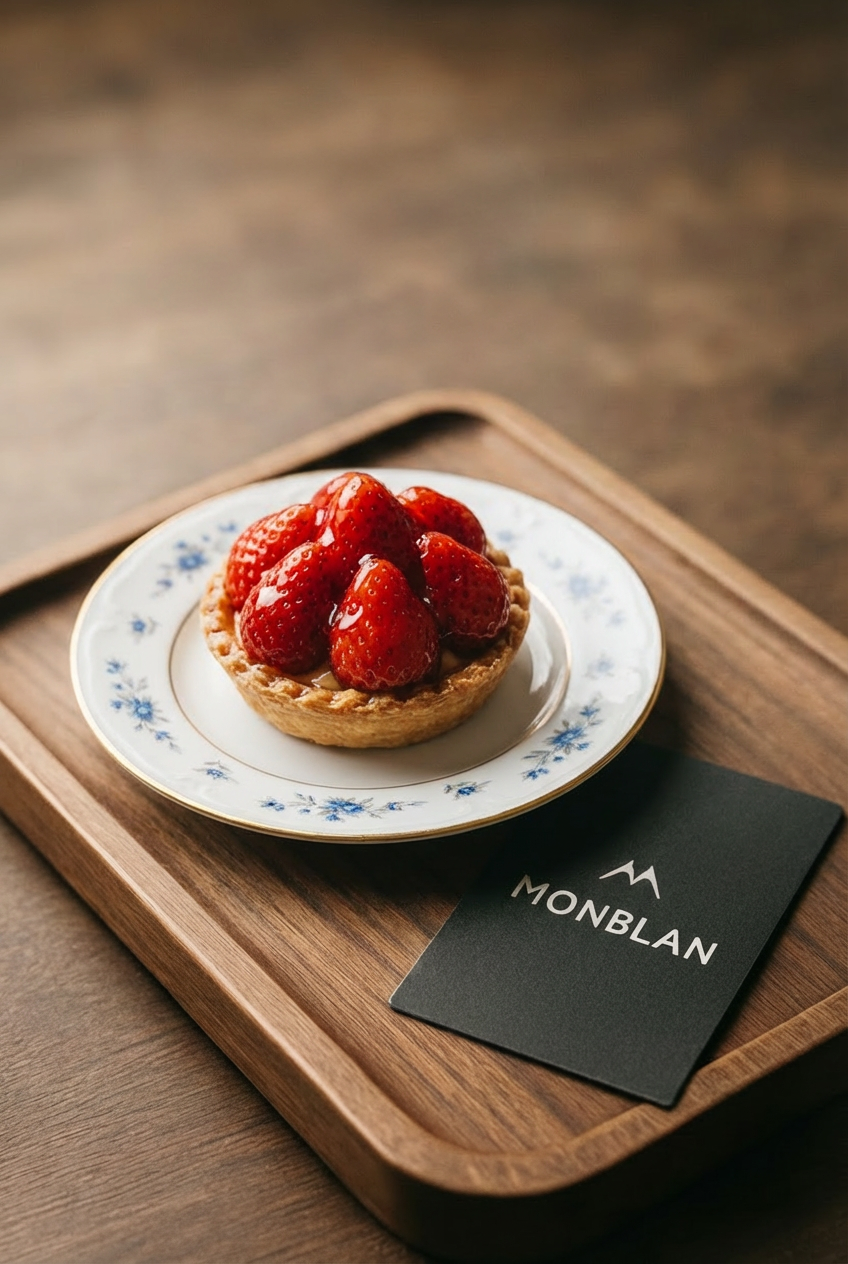 A close-up, photographic still life of a crystal-clear tumbler filled with MonBlan cold brew, the liquid almost black with subtle amber highlights along the rim, poured over a single oversized, perfectly transparent ice cube. The glass rests on a dark walnut wooden tray with a silk-smooth finish, fine grain visible. Beside it, a small matte-black card embossed with the MonBlan logo lies slightly angled. Soft, warm, directional lighting from one side carves out the textures of wood, glass, and liquid, creating gentle bokeh in the distant background. Composed at a slightly elevated angle with shallow depth of field, the mood is calm, indulgent, and refined, evoking a boutique confectionery and beverage manufactory aesthetic.